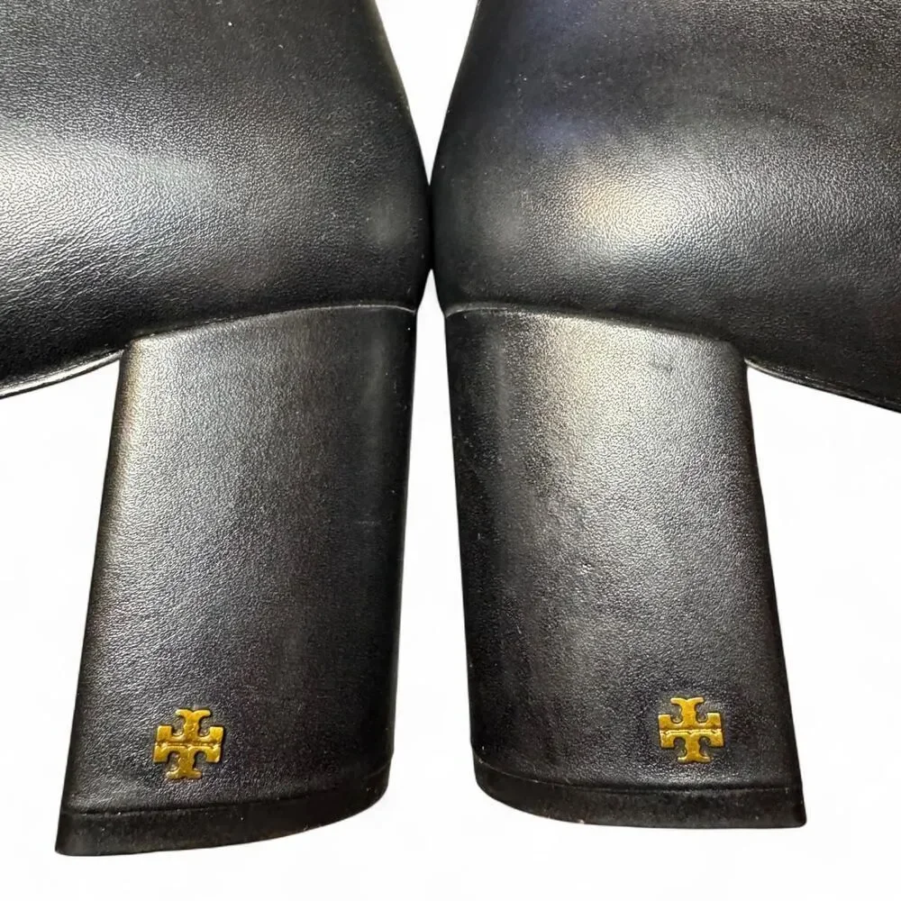 Tory Burch Womens Black Leather Ankle Boots Size 10 Block Heel Gold Logo